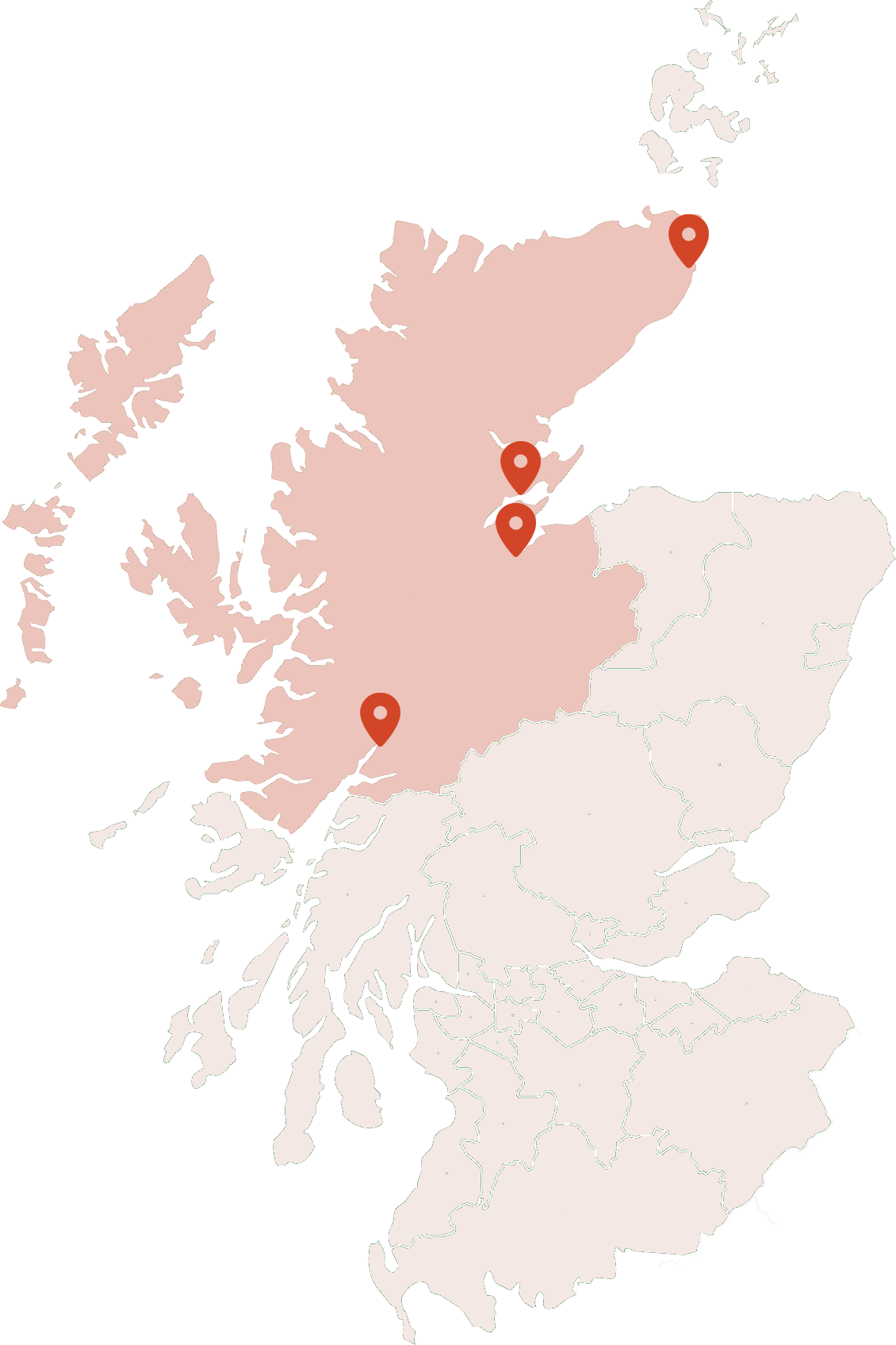 Map of Scotland showing Centred service locations across the Highlands