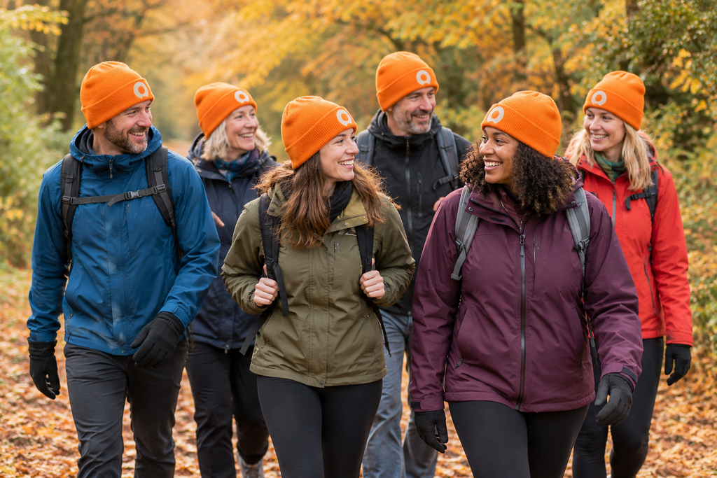 Group of people walking in Autumn wearing orange beanie hats.