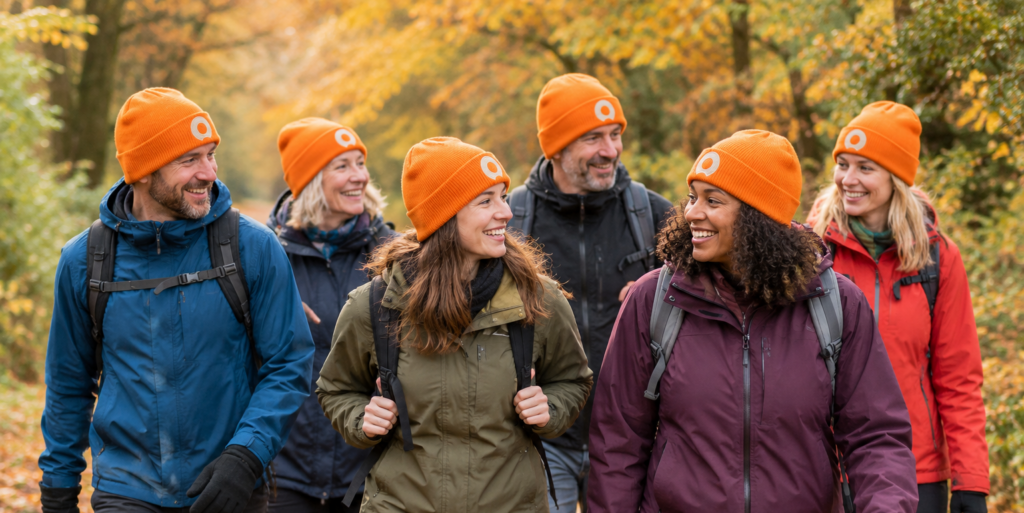 Group of people walking in Autumn wearing orange beanies