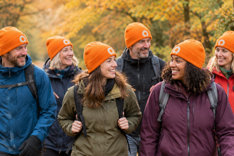 Group of people walking in Autumn wearing orange beanies